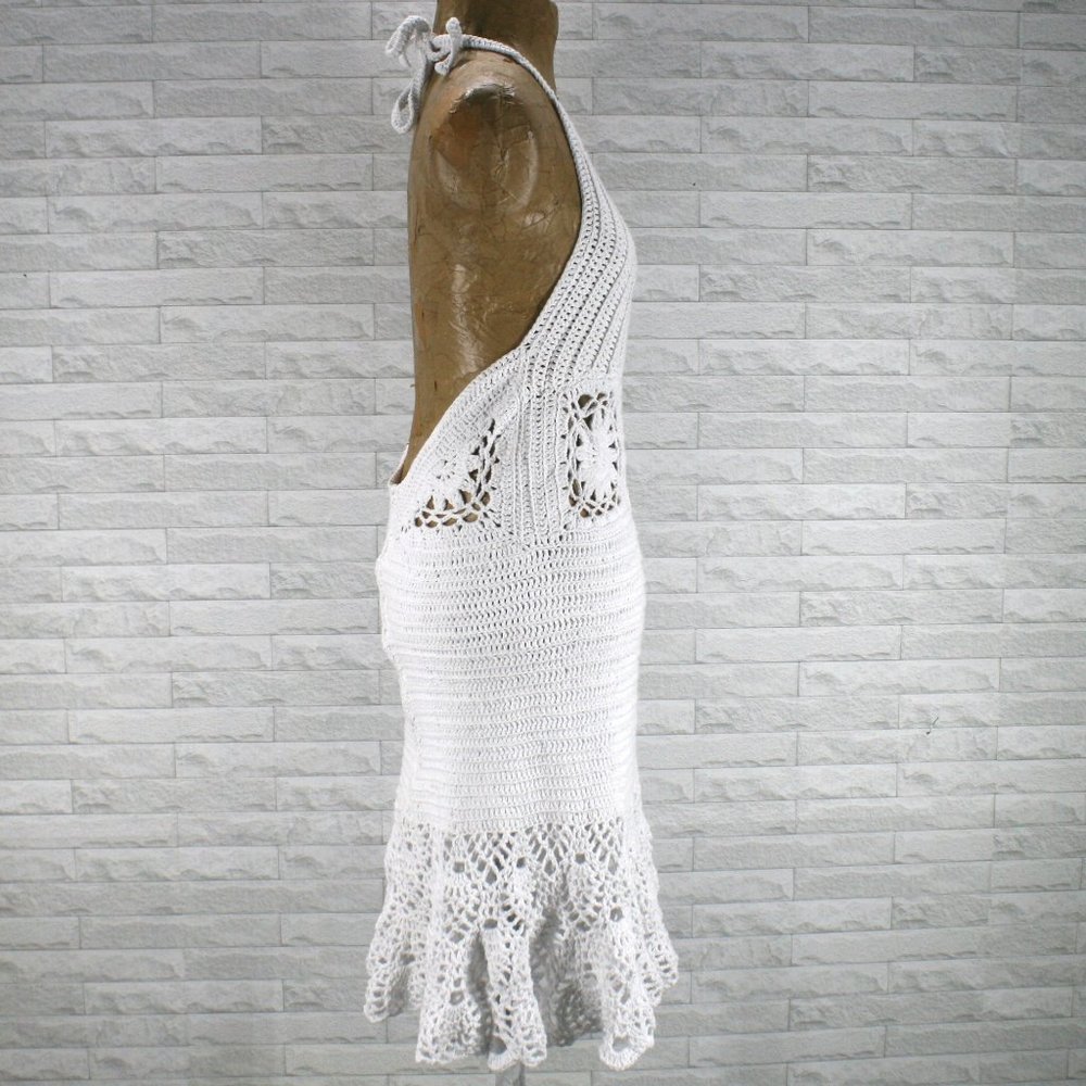 HAND CRAFTED Crochet Dress Halter White Cotton Wedding Coastal Cowgirl Bridal - Picture 6 of 16